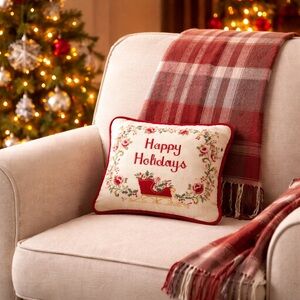 Vintage Needlepoint Pillow “Happy Holidays” Christmas Floral Red Velvet 13” x 12